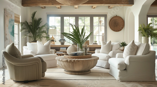 beautiful small space casual living family room soft neutral wood beams and a gorgeous grouping of swivel color fabric chairs around a striking coffee table coastal design nature freshness home © rabia