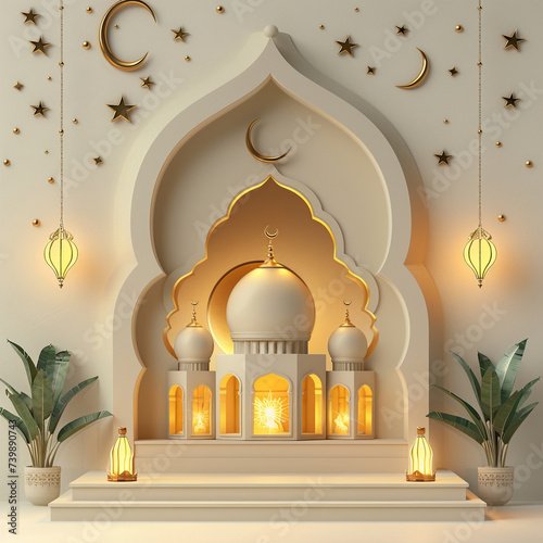 Modern 3D greeting card Islamic holiday banner suitable for Ramadan, Raya Hari, Eid al-Adha and Mawlid. Attributes of a mosque, a crescent and a lit lantern on a beige background with empty space