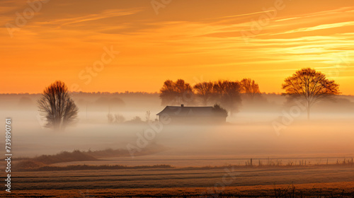 Orange sunrise over a misty agricultural landscape.