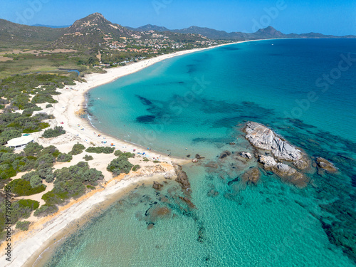 Scoglio di Peppino beach, aerial view, drone, Costa Rei, Muravera, Castiadas. Sardinia. Beach with white sand and crystal clear waters and the famous rock photo