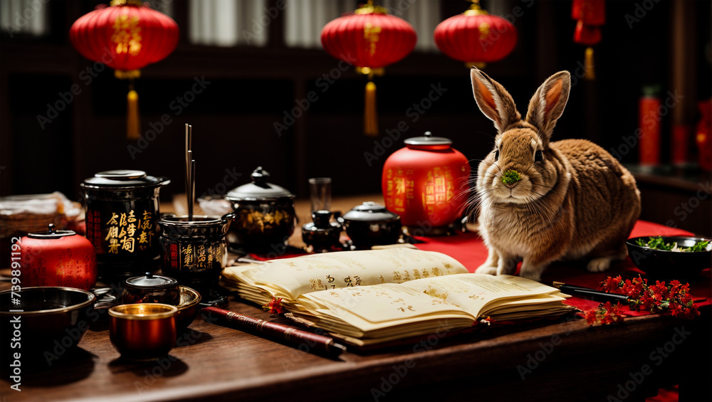 Close-up of Rabbit and Chinese Writing Tools: Lunar New Year Celebration