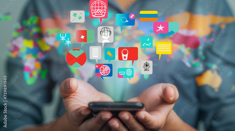 Businessman touching to virtual translation or translate on the mobile app worldwide language conversation speaking concept Businessman touching to virtual translation or translate on the mobile app worldwide language conversation speaking concept