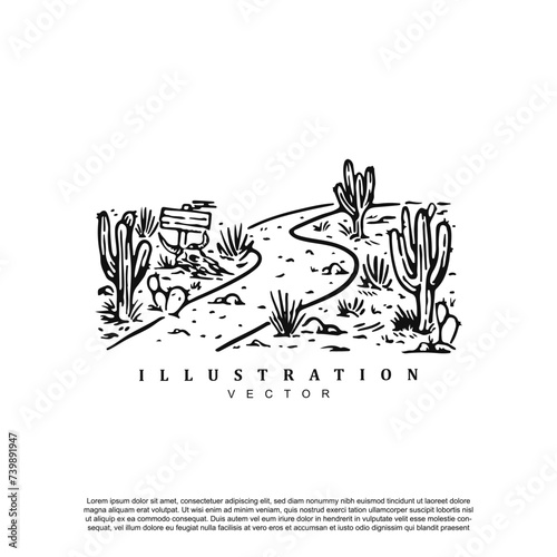 Vintage retro hand drawn desert western landscape vector art illustration
