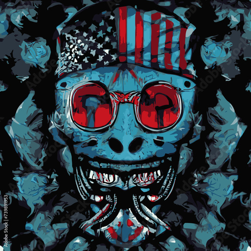 vector artwork A blue skull vector , cranium skull , human skull vector,free vector with red glasses and a flag american on it 