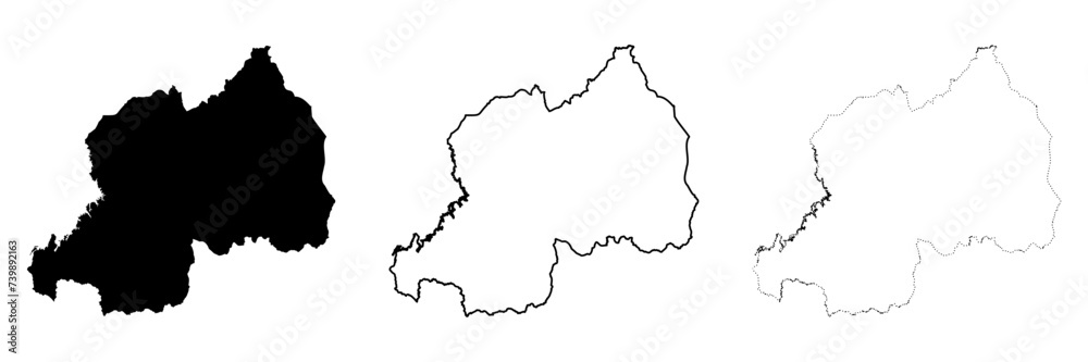Rwanda country silhouette. Set of 3 high detailed maps. Solid black silhouette, thick black outline and thin black outline. Vector illustration isolated on white background.