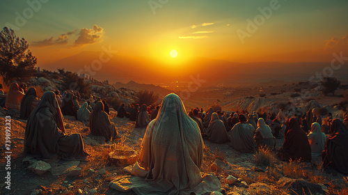 people listen to the Sermon on the Mount of Jesus Christ. Judean Desert. Christian religious photo for church publications photo