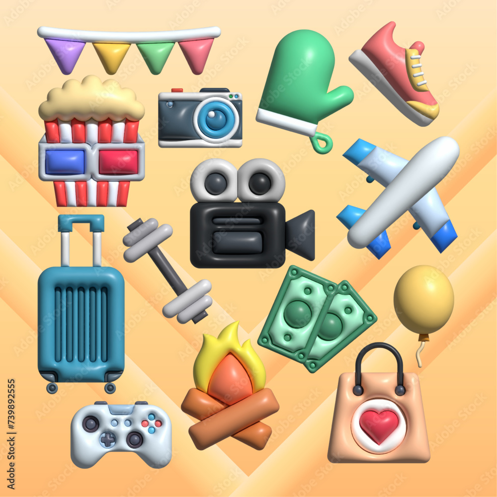set of cute activity travel shoping movie , 3D vector collection