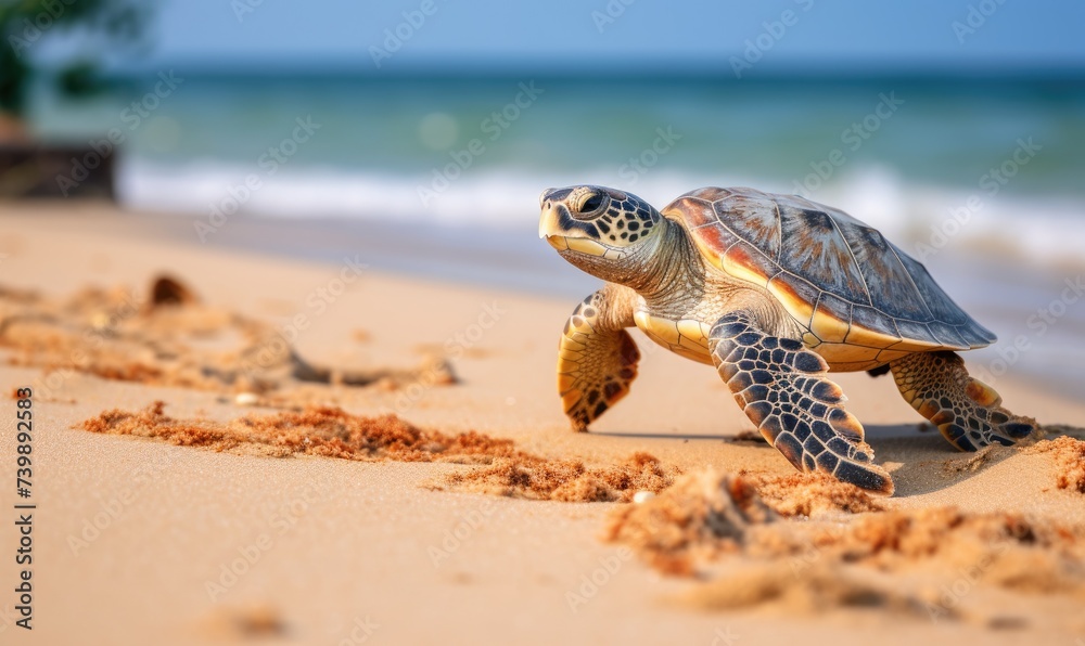 A Tranquil Journey: A Small Turtle's Leisurely Stroll Along the Sandy Beach