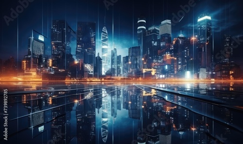 A Majestic Skyline of Towering Skyscrapers Illuminated by the City Lights © uhdenis