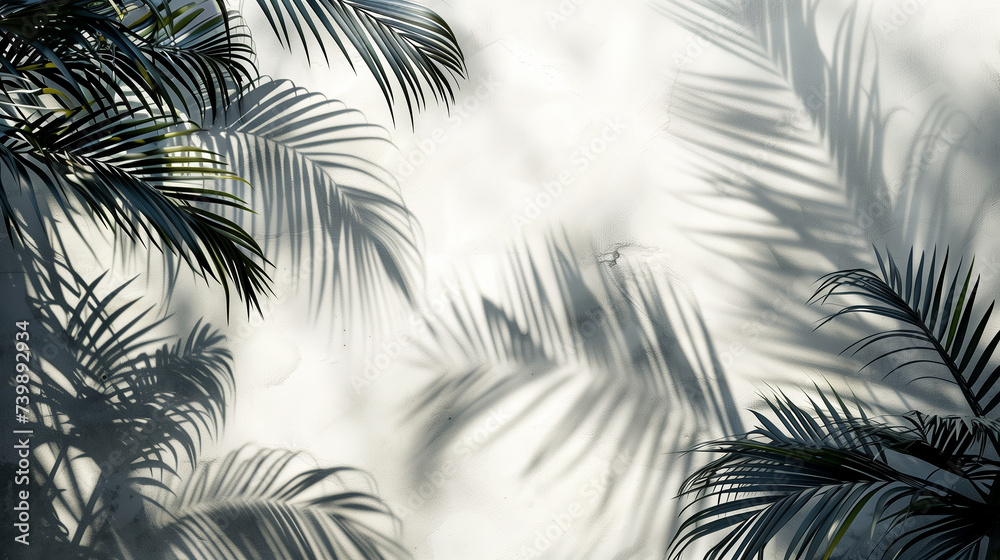 Tropical palm leaves and shadow on a white background