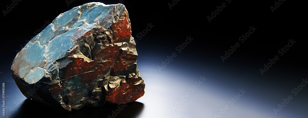 Umangite is a rare precious natural stone on a black background. AI generated. Header banner mockup with space.