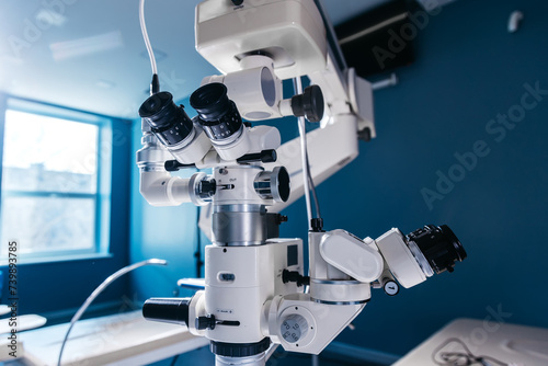 Interior of a modern ophthalmology operating room with modern equipment. The concept of new ophthalmological and modern technologies for vision correction and treatment. photo