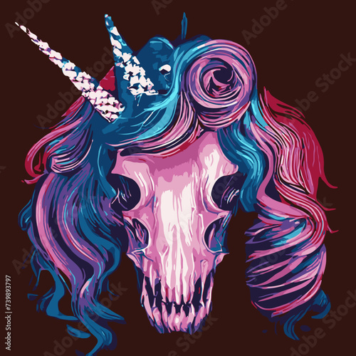 vector artwork A unicorn skull vector , cranium skull , human skull vector,free vector with colorful hair vector design 