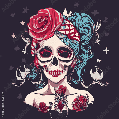 vector artwork A woman with skull vector , cranium skull , human skull vector,free vector makeup and roses 
