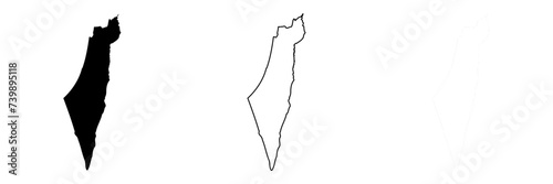 Israel country silhouette. Set of 3 high detailed maps. Solid black silhouette, thick black outline and thin black outline. Vector illustration isolated on white background.
