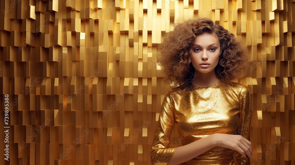 Fototapeta premium Golden dressed woman with curly hair in golden background