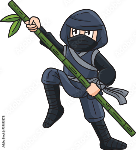 Ninja with a Bamboo Pole Cartoon Colored Clipart 