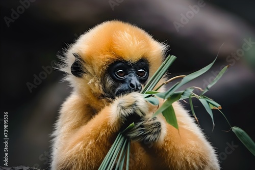 Yellowcheeked gibbon perched on a branch enjoying grass as a snack. Concept Wildlife Photography, Animal Behavior, Primate Observation, Habitat Enrichment, Conservation Efforts photo