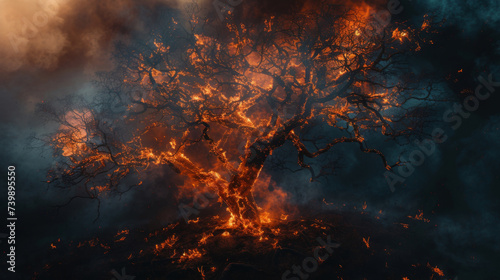 Burning tree. Fire in the forest at night. Natural disaster. Fire and smoke in nature