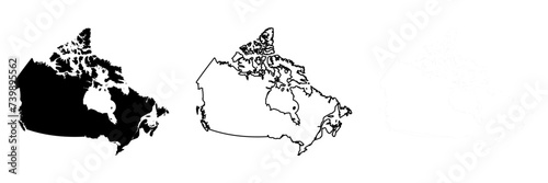 Canada country silhouette. Set of 3 high detailed maps. Solid black silhouette, thick black outline and thin black outline. Vector illustration isolated on white background.