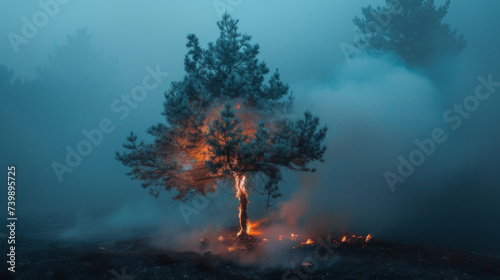 Fire in the forest at night. Burning trees. Natural disaster. Fire and smoke in nature