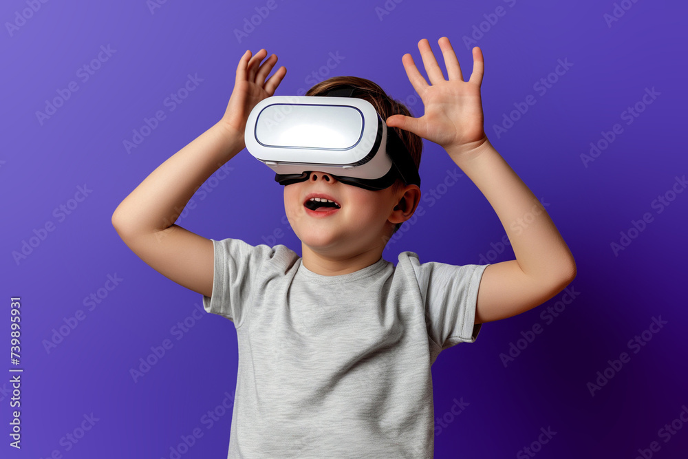 A child plays in a VR helmet. Virtual reality. A child plays in a VR helmet. Virtual reality.