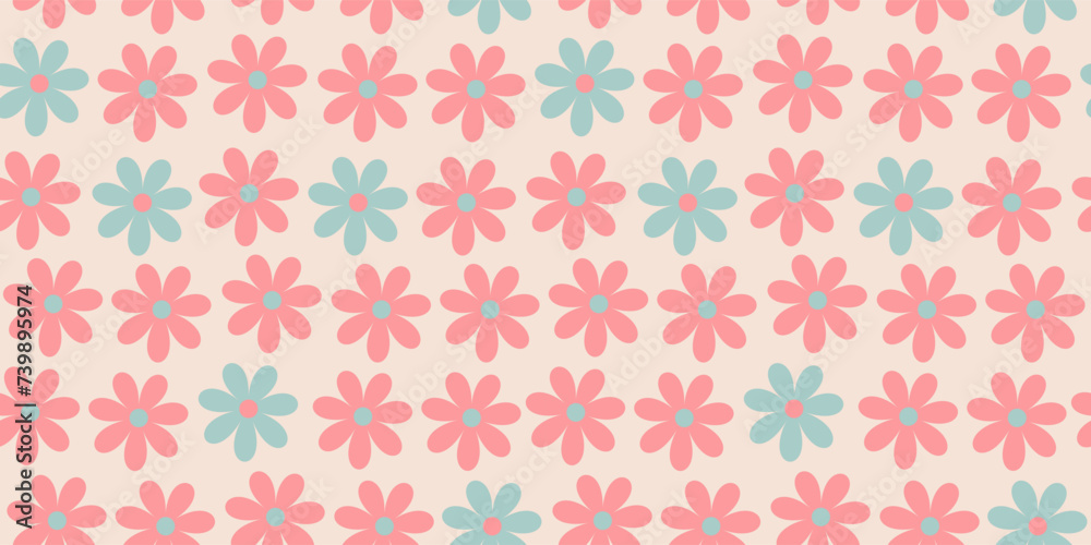 Floral pattern in the style of the 70s with groovy daisy flowers. Retro floral naive vector design. Style of the 60s, 70s, 80s Floral pattern in the style of the 70s with groovy daisy flowers. Retro floral naive vector design. Style of the 60s, 70s, 80s
