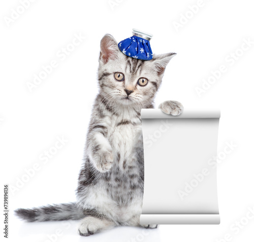 Sad sick kitten with ice bag or ice pack on his head shows empty list. Isolated on white background photo