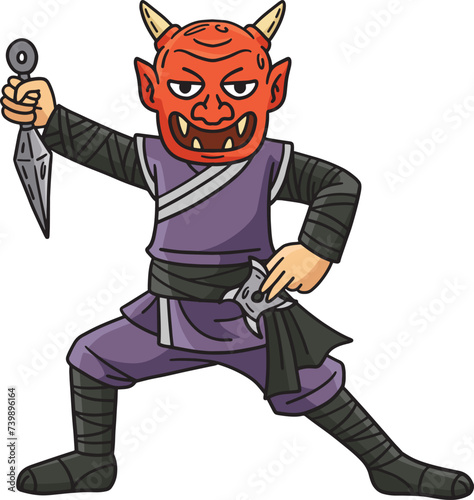 Ninja Wearing Oni Mask Cartoon Colored Clipart 