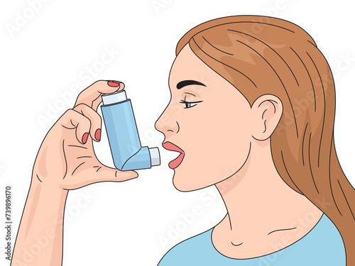 Young woman uses inhaler puffer asthma pump or allergy spray medical device hand drawn schematic raster illustration. Medical science educational illustration