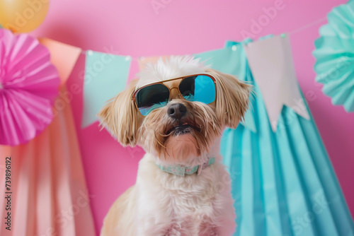 Close-Up of Dog Celebrating with Decorations. Dog in sunglasses with party decorations, ideal for birthday and family events. © Anastasiia Ignateva