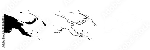 Papua New Guinea country silhouette. Set of 3 high detailed maps. Solid black silhouette, thick black outline and thin black outline. Vector illustration isolated on white background.