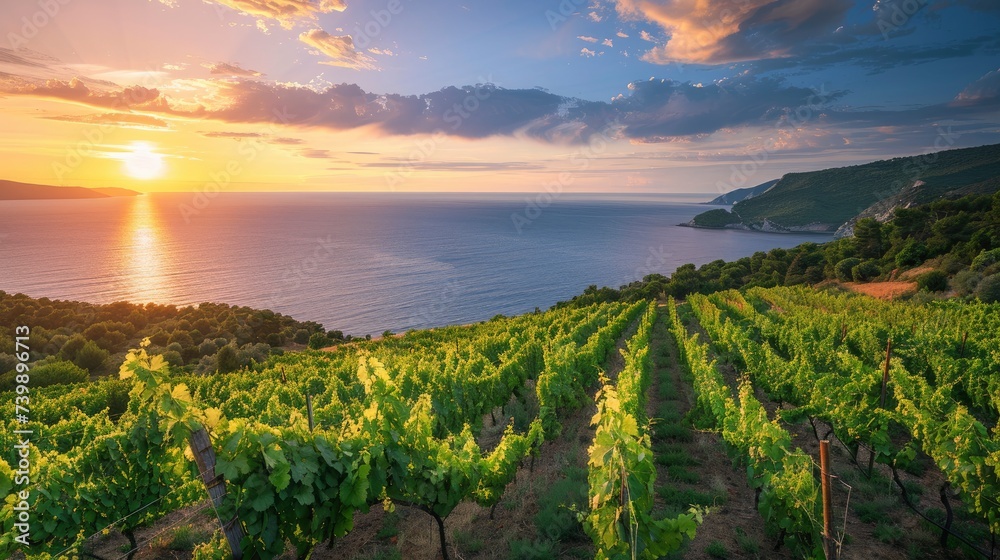 Beautiful vineyard on the slopes of the azure coast of France, sunset rays, warm summer evening, professional photo, nature photo