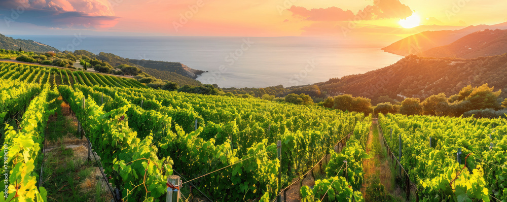Beautiful vineyard on the slopes of the azure coast of France, sunset rays, warm summer evening, professional photo, nature photo