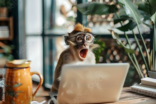Fototapeta Naklejka Na Ścianę i Meble -  Surprised monkey in glasses at a laptop humanizing animal characters in office. Concept Surprise Monkey, Glasses, Laptop, Humanizing Animals, Office Setting
