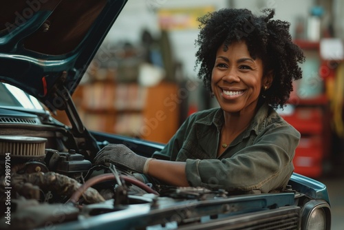 Portrait of a black female car mechanic repairing a car engine at a service center