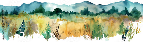 watercolor landscape background border wwith montains, trees, grass