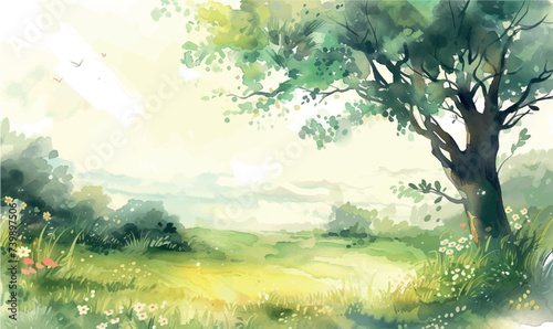 watercolor spring landscape with tree, grass and sun