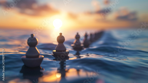 Strategic chess pieces set upon calm waters with the sun setting in the background  creating a tranquil and thoughtful scene