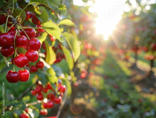 Sunlit scene overlooking the cherry plantation with many cherries  bright rich color  professional nature photo