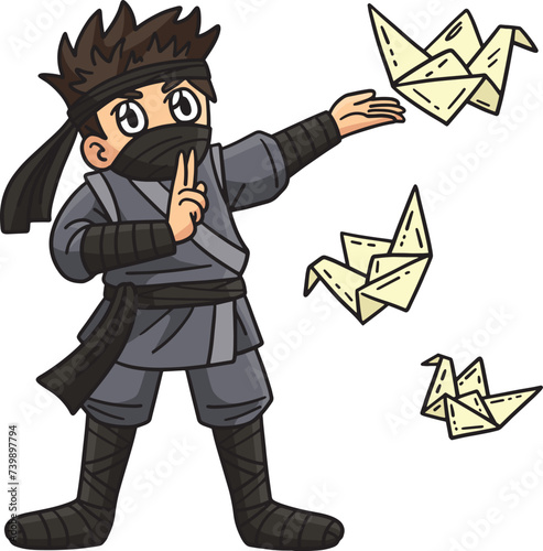 Ninja with Origami Cartoon Colored Clipart 