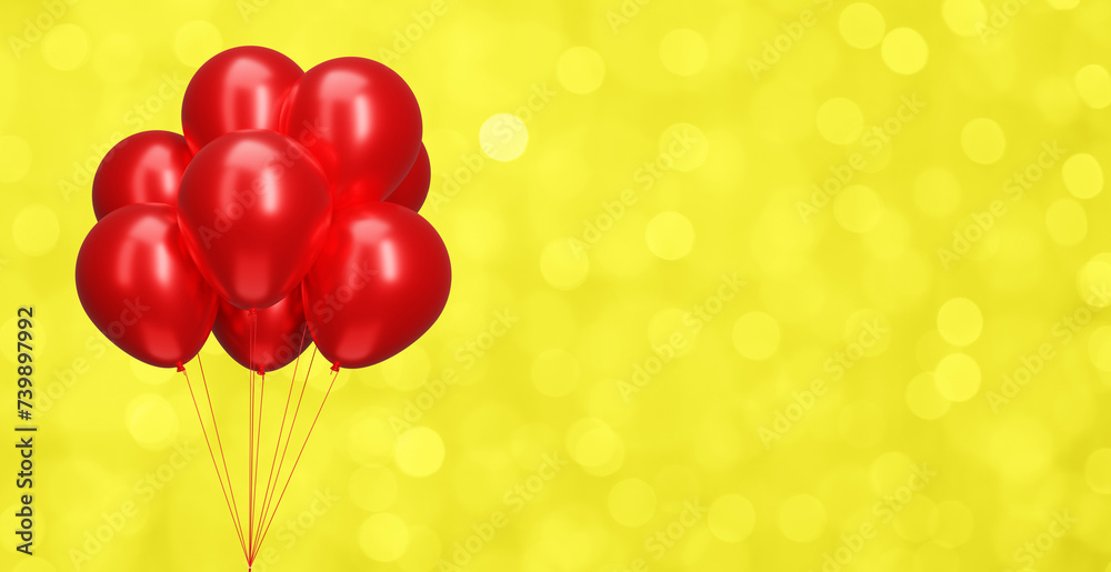 Bunch of red balloons on blurred yellow background. Empty space for text. 3d rendering Bunch of red balloons on blurred yellow background. Empty space for text. 3d rendering