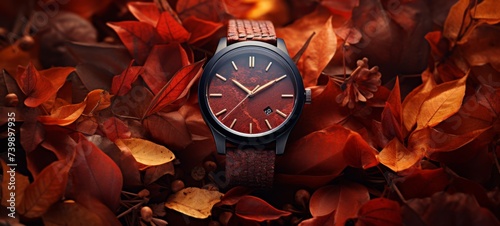 Red watch. The essence of fall by showcasing a wrist watch in a close-up surrounded by vibrant, scattered autumn leaves. Experiment with different watch styles and leaf. photo