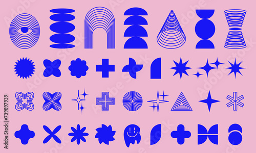 Brutalist abstract geometric shapes and grids.Trendy geometric neo brutalism forms,pink and blue colors. Simple contemporary shapes forms,symbols.Vector illustration