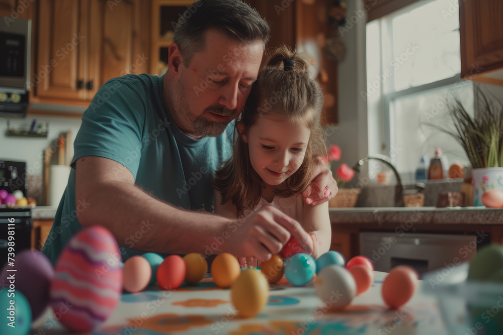 Fototapeta premium a cute father and daughter decorating easter eggs at home