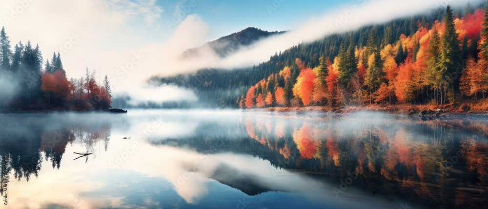 Colorful Morning Landscape of autumn forest trees lake mountains reflected in calm wide lake water in Canadian forest with bright blue sky created with Generative AI Technology