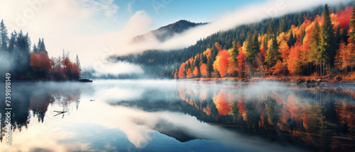 Colorful Morning Landscape of autumn forest trees lake mountains reflected in calm wide lake water in Canadian forest with bright blue sky created with Generative AI Technology