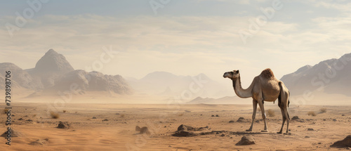 Camel animal in the sahara desert with sand dunes in the background and clear blue sky hot weather created with Generative AI Technology