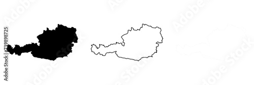 Austria country silhouette. Set of 3 high detailed maps. Solid black silhouette, thick black outline and thin black outline. Vector illustration isolated on white background.