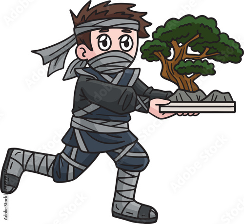 Ninja Carrying Bonsai Cartoon Colored Clipart 